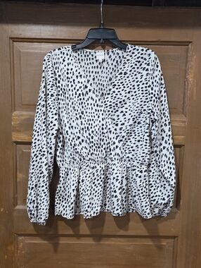 Kaileigh Black-and-White Dot Wrap Peplum Blouse